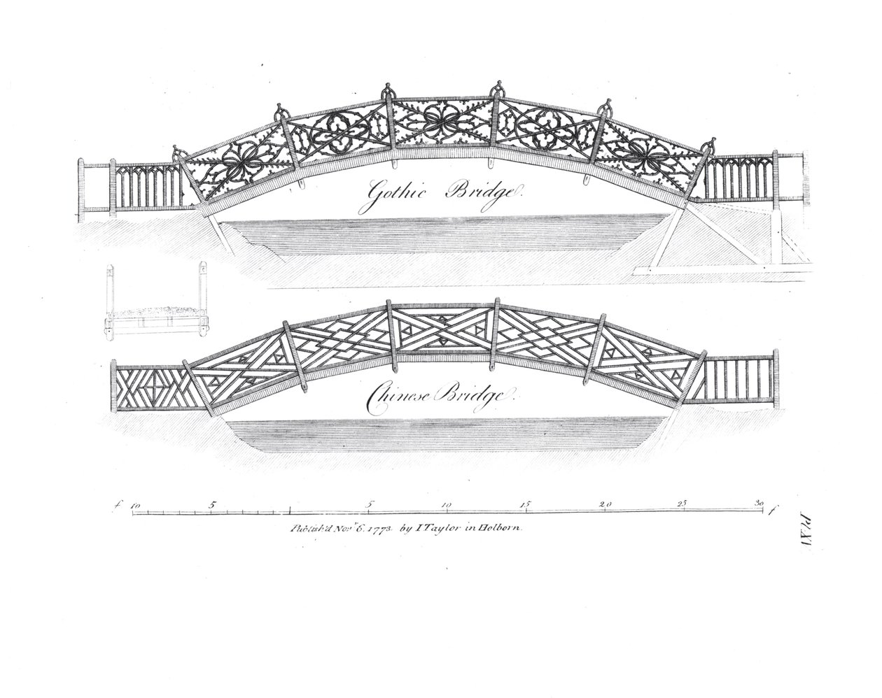 تم تصميم تصاميم جسور الحدائق عام 1773 بواسطة مدرسة اللغة الإنجليزية
