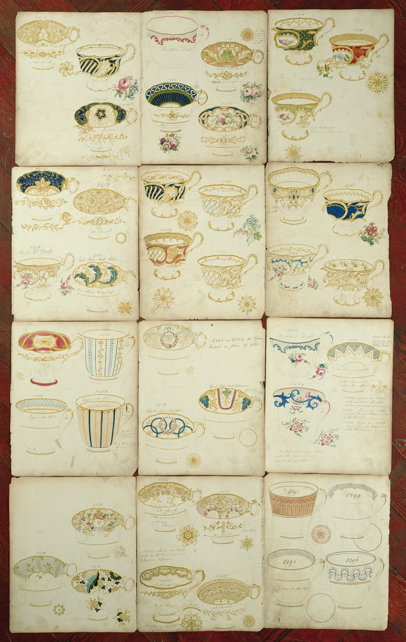تصميمات لأكواب الشاي المنتجة في مصنع دانيال ، ستافوردشاير ، c.1845 (الغواش ، مرحاض والحبر على الورق) بواسطة مدرسة اللغة الإنجليزية