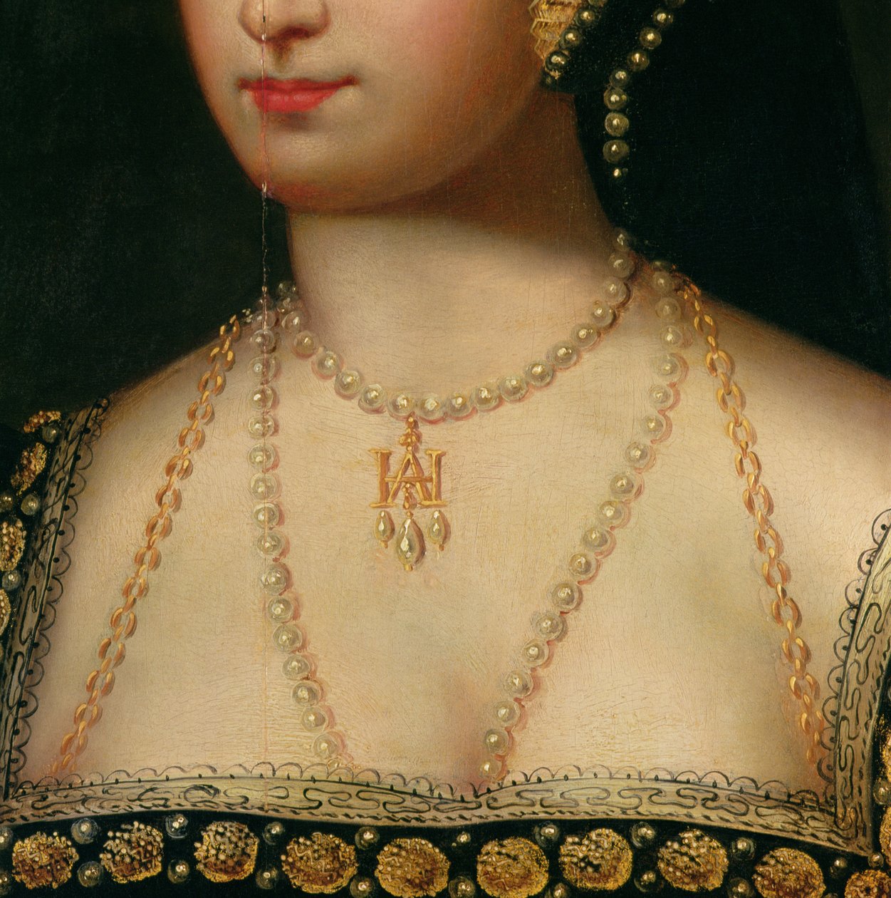 التفاصيل من صورة آن بولين (1504-36) حوالي 1533 (زيت على قماش) بواسطة مدرسة اللغة الإنجليزية