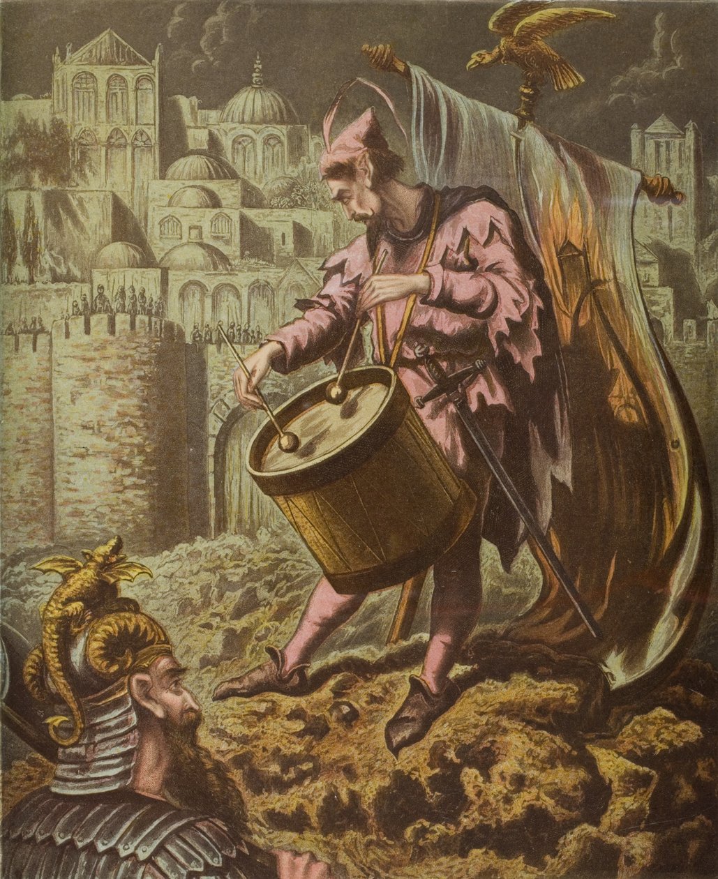 عازف طبلة ديابولس أمام أسوار المنصول ، رسم توضيحي من "الحرب المقدسة" لجون بونيان (1628-88) بواسطة مدرسة اللغة الإنجليزية