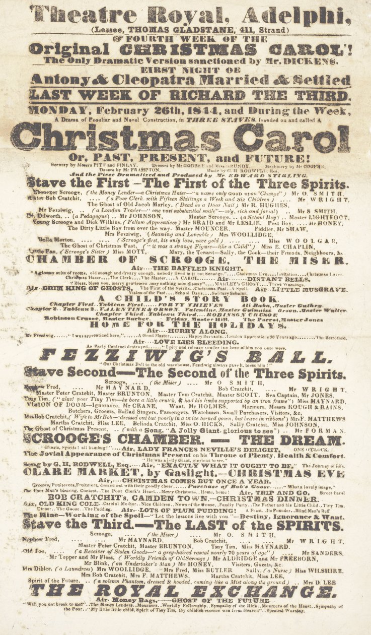 ديكنز playbill: A Christmas Carol at Adelphi Theatre Royal ، 26 فبراير 1814 بواسطة مدرسة اللغة الإنجليزية