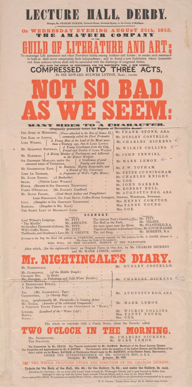 ديكنز playbill: ليس سيئًا للغاية كما نراه في قاعة المحاضرات ، ديربي ، برنامج 25 أغسطس 1852 بواسطة مدرسة اللغة الإنجليزية