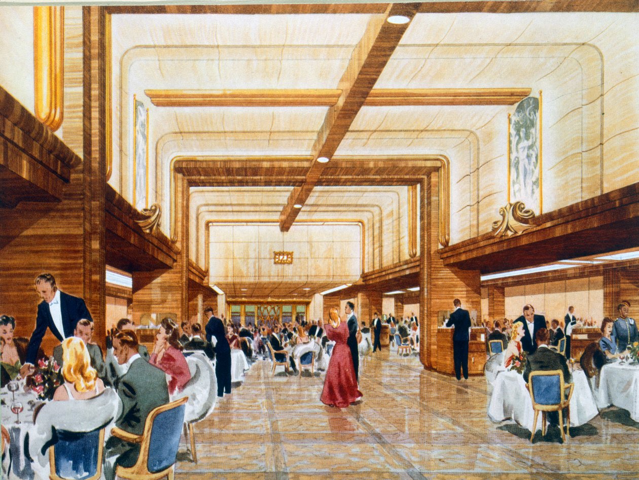 العشاء والرقص على متن RMS Caronia ، من كتيب ترويجي ، 1947 بواسطة مدرسة اللغة الإنجليزية