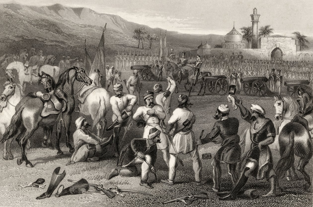 نزع سلاح الفرسان غير النظاميين الحادي عشر في بيرهامبور عام 1857 ، من "تاريخ التمرد الهندي" المنشور عام 1858 بواسطة مدرسة اللغة الإنجليزية