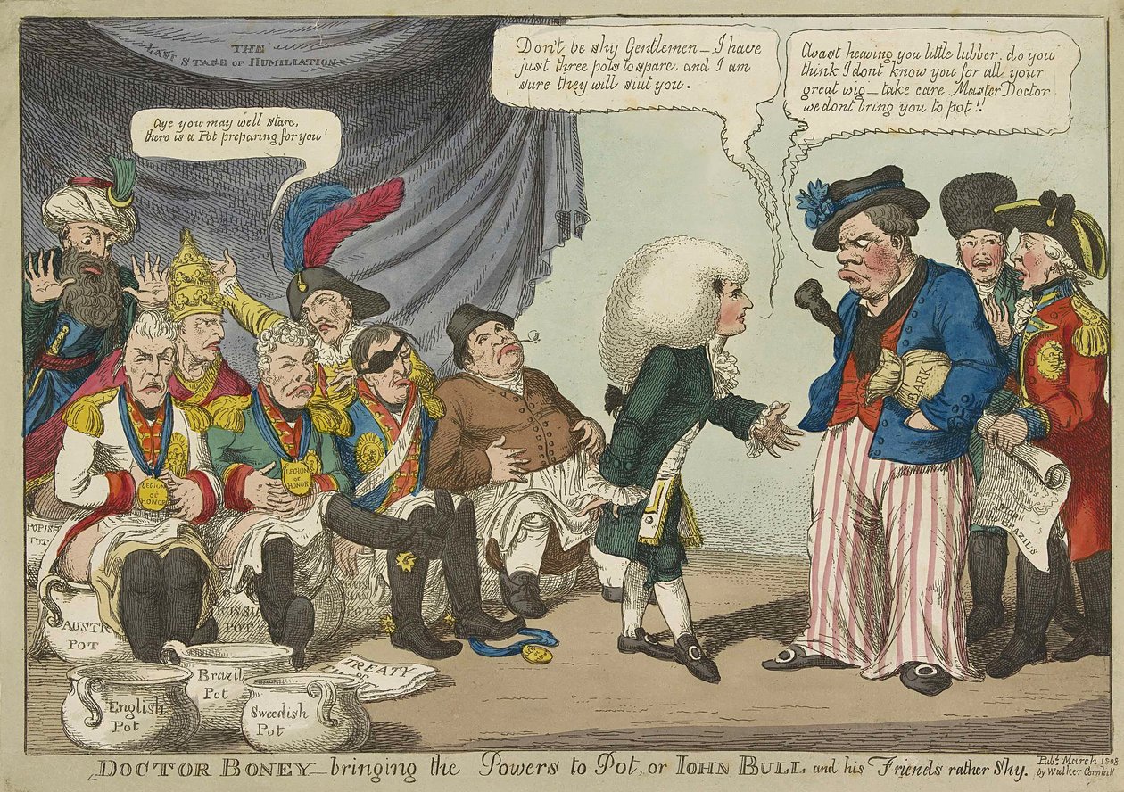 دكتور Boney_bringing the Powers to Pot ، أو John Bull وأصدقاؤه خجولون إلى حد ما. 1808 (نقش ملون يدوي) بواسطة مدرسة اللغة الإنجليزية