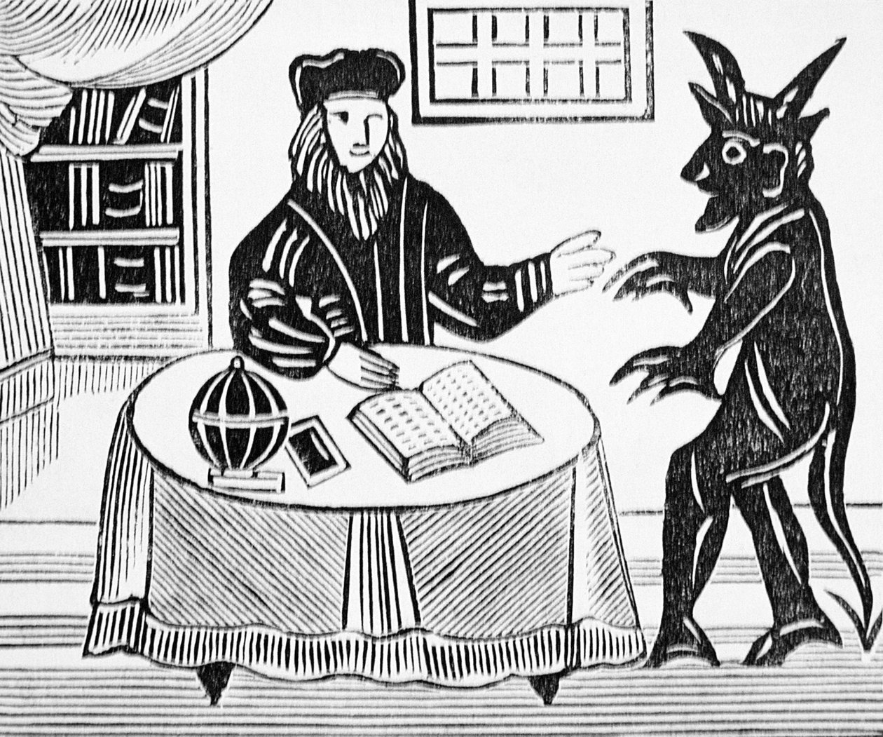 دكتور فاوست في الاستشارة مع الشيطان ، من ترجمة رجال للدكتور فاوست بقلم كريستوفر مارلو (1564-93) 1648 من مجموعة من الكتب المصغرة عن الباطنية بواسطة مدرسة اللغة الإنجليزية