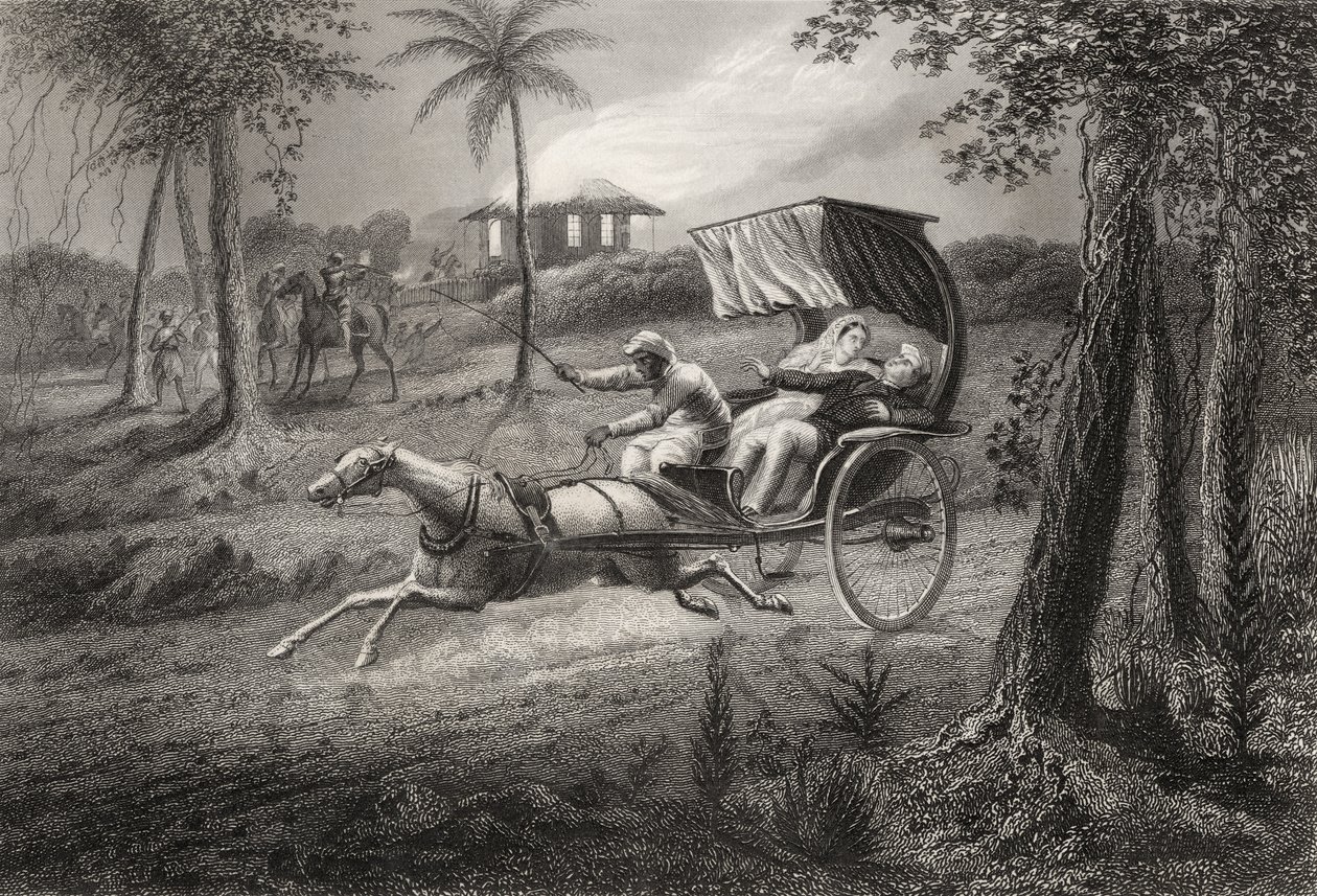أطلق الدكتور غراهام النار في عربات التي تجرها الدواب بواسطة Sealkote Mutineers في عام 1857 ، من `` تاريخ التمرد الهندي &39;&39; ، الذي نشر في عام 1858 بواسطة مدرسة اللغة الإنجليزية