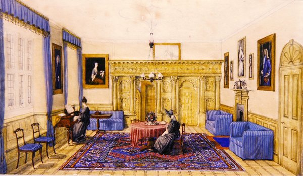 غرفة الرسم الداخلية لمنزل ريفي ، حوالي 1830 (ألوان مائية على ورق) بواسطة مدرسة اللغة الإنجليزية