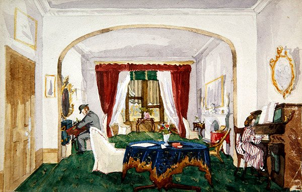 رسم، باطن الغرفة، المرأة، إلى، بيانو، الرجل، إلى داخل، قبعة الرامي، كتابة، c 1850 (ألوان مائية على ورق) بواسطة مدرسة اللغة الإنجليزية