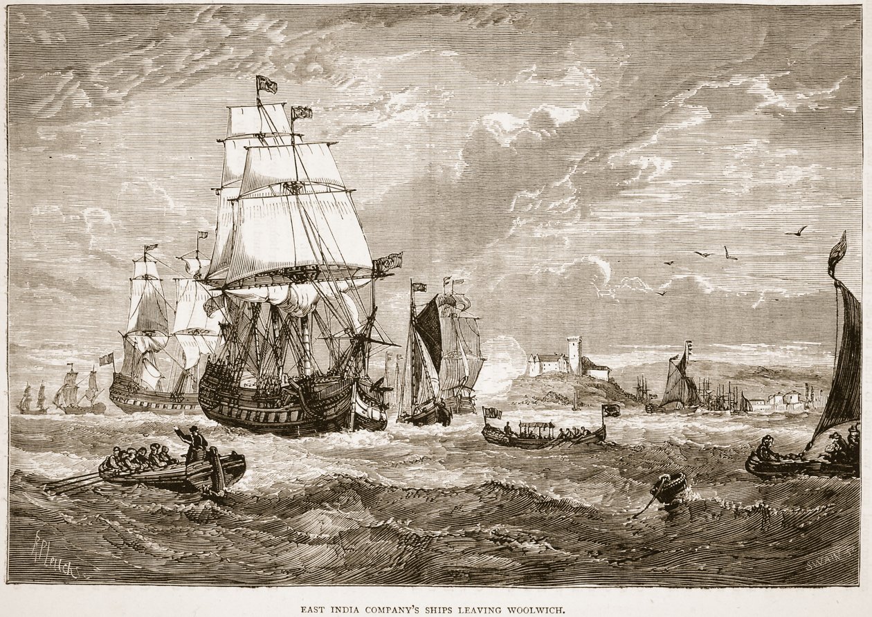 شركة شركة الهند الشرقية تغادر وولويتش ، صورة توضيحية من Cassells Illustrated History of India بقلم جيمس جرانت ، حانة. 1879 بواسطة مدرسة اللغة الإنجليزية