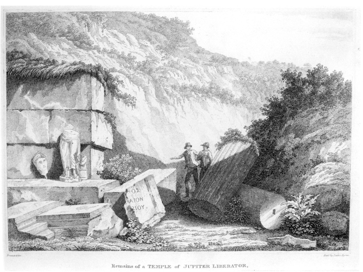 يزور إدوارد دانيال كلارك (1769-1822) بقايا معبد جوبيتر ليبرتور في ترود ، من الجزء الثاني من رحلات في بلدان مختلفة من أوروبا وآسيا وأفريقيا ، نُشر عام 1812 (وزن الجسم) بواسطة مدرسة اللغة الإنجليزية