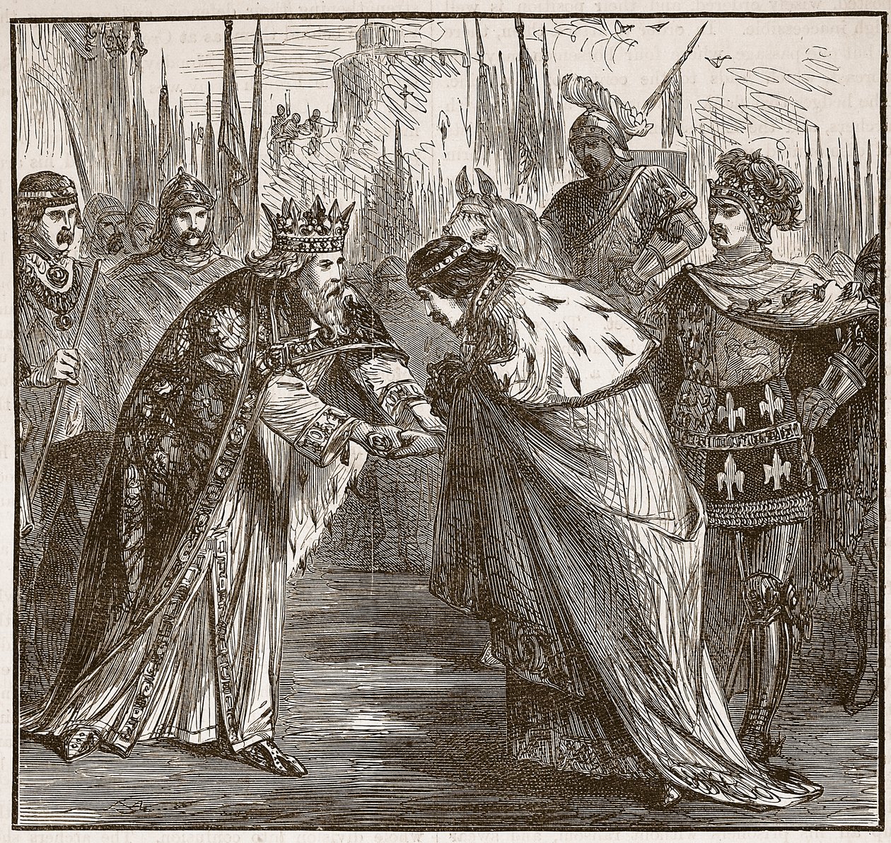 إدوارد يستقبل الملك جون من فرنسا ، رسم توضيحي من Cassells Illustrated History of England (sepia photo) بواسطة مدرسة اللغة الإنجليزية