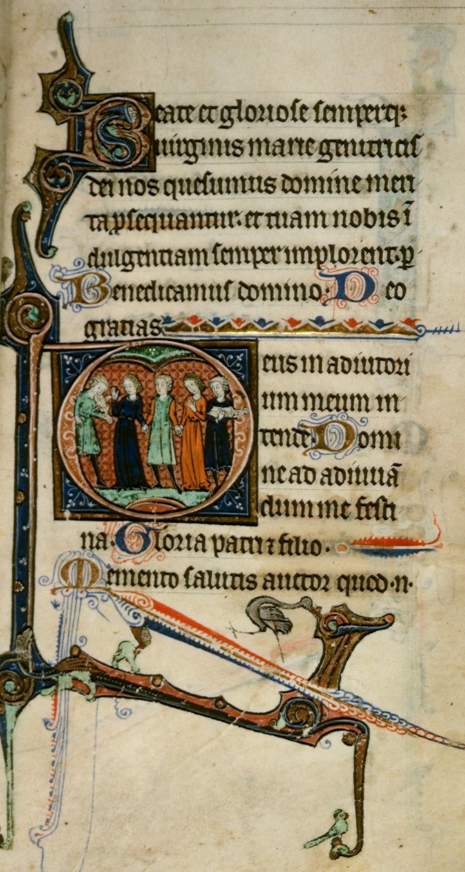 Egerton 1151 ، صفحة 47 ، أول حرف "D" مأهول بالسكان مع موسيقيين ، من "Egerton Hours" ، حوالي 1260-70 (ورق) بواسطة مدرسة اللغة الإنجليزية