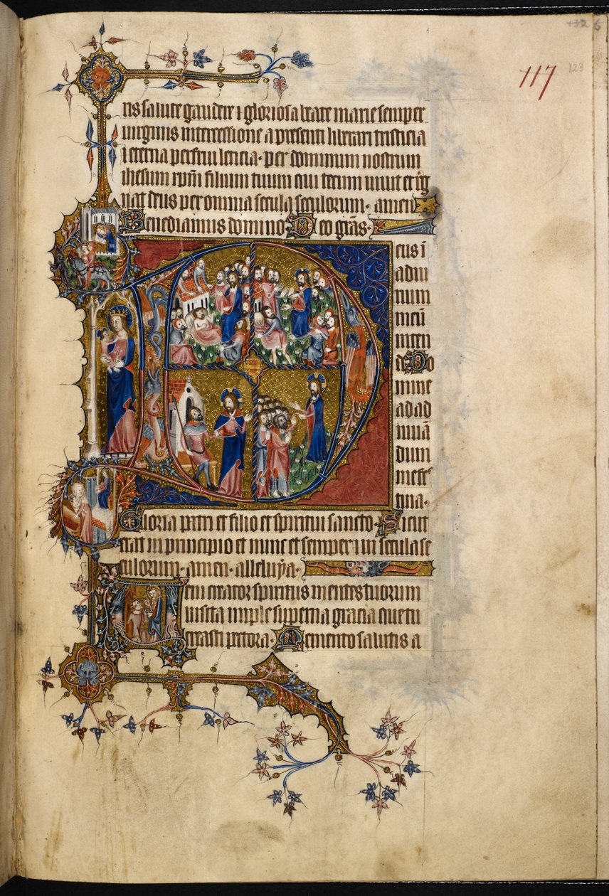 Egerton MS 3277 ، ص. ١٢٣ و ، الحرف الأول الكبير التاريخي "D" (إيوس) في تيرسي ، من سفر المزامير والساعات ("مزامير بوهون") (رق) ؛ بواسطة مدرسة اللغة الإنجليزية