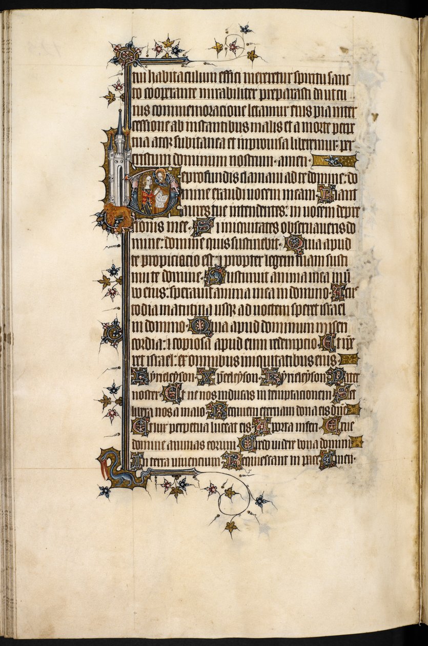 Egerton MS 3277 ، f.131v ، سيدة Bohun في الصلاة ، مع أسد هامشي وقلعة ، من "Bohun Psalter & Hours" (vellum) بواسطة مدرسة اللغة الإنجليزية