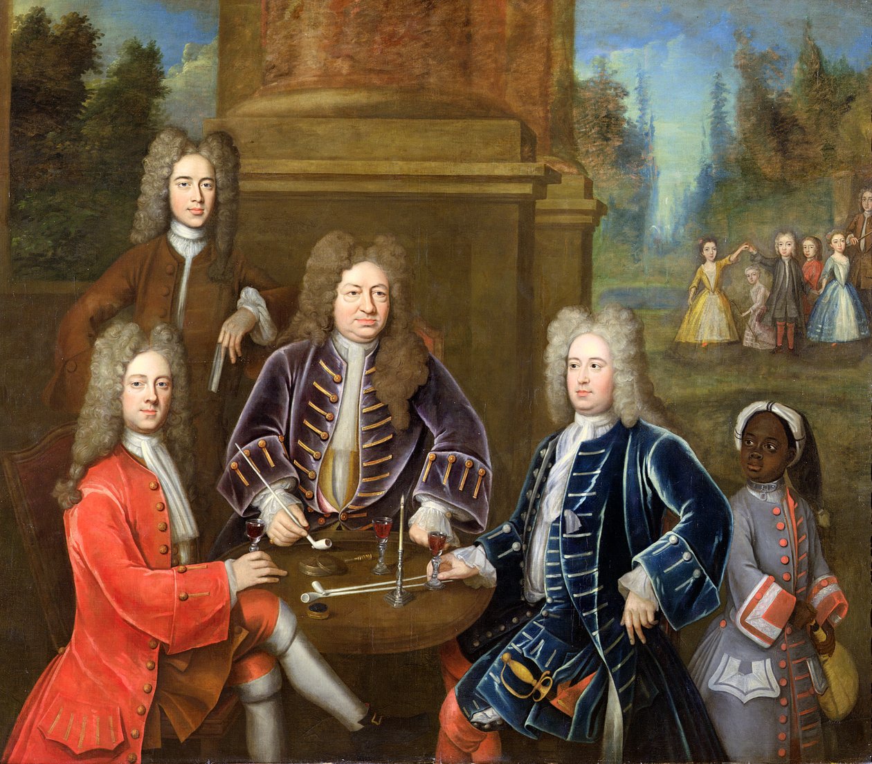 إليهو ييل (1648-1721) ، دوق ديفونشاير الثاني ، اللورد جيمس كافنديش ، السيد تونستال والصفحة ، ج .1708 بواسطة مدرسة اللغة الإنجليزية