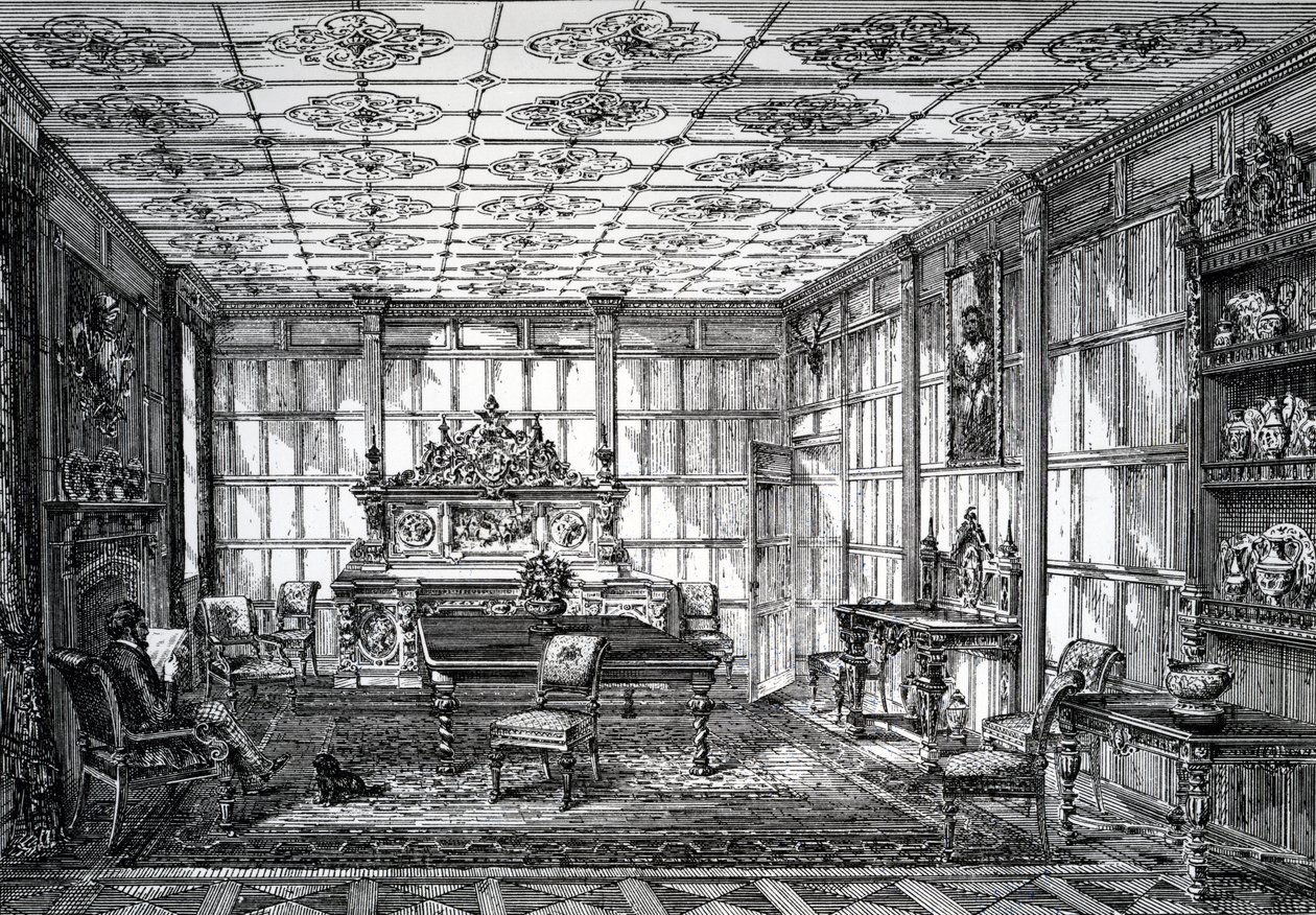 غرفة الطعام اليزابيثي ، نُشرت في The House-Furnisher & Decorator ، 1 أكتوبر 1872 بواسطة مدرسة اللغة الإنجليزية