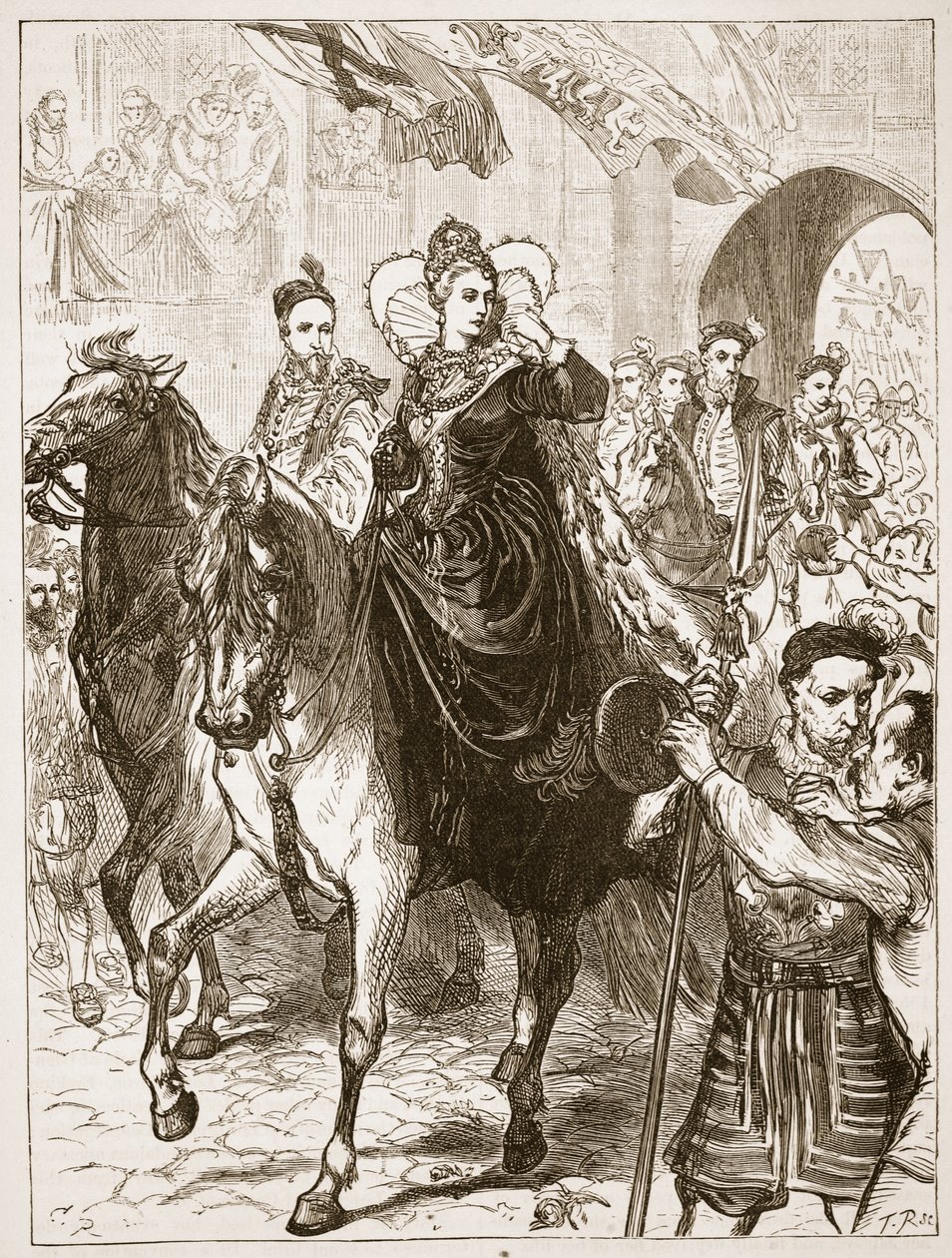دخول إليزابيث العام إلى لندن ، رسم توضيحي من Cassells Illustrated History of England (sepia photo) بواسطة مدرسة اللغة الإنجليزية