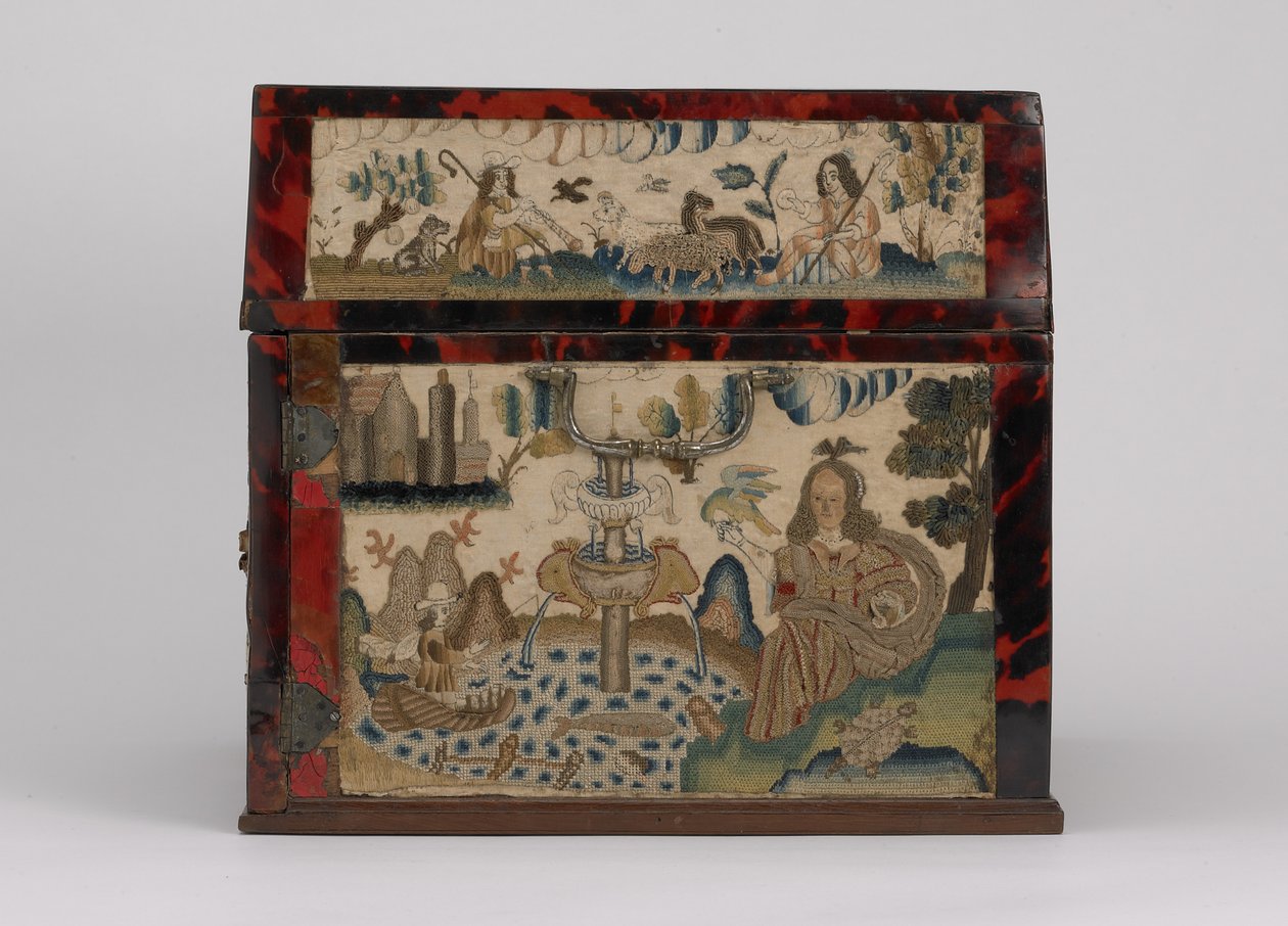 تابوت مطرز ، c.1660 (حرير ، قماش ، خشب ، صدف السلحفاة ، حوامل فضية) بواسطة مدرسة اللغة الإنجليزية