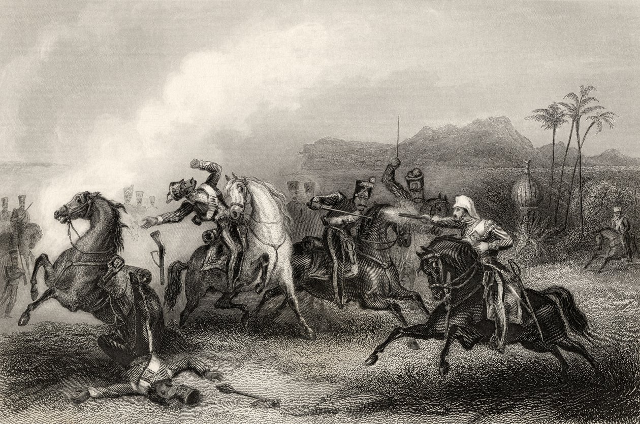 لقاء بين الملازم هيلز وجثة من الفرسان سيبوي ، من "تاريخ التمرد الهندي" ، نُشر عام 1858 بواسطة مدرسة اللغة الإنجليزية