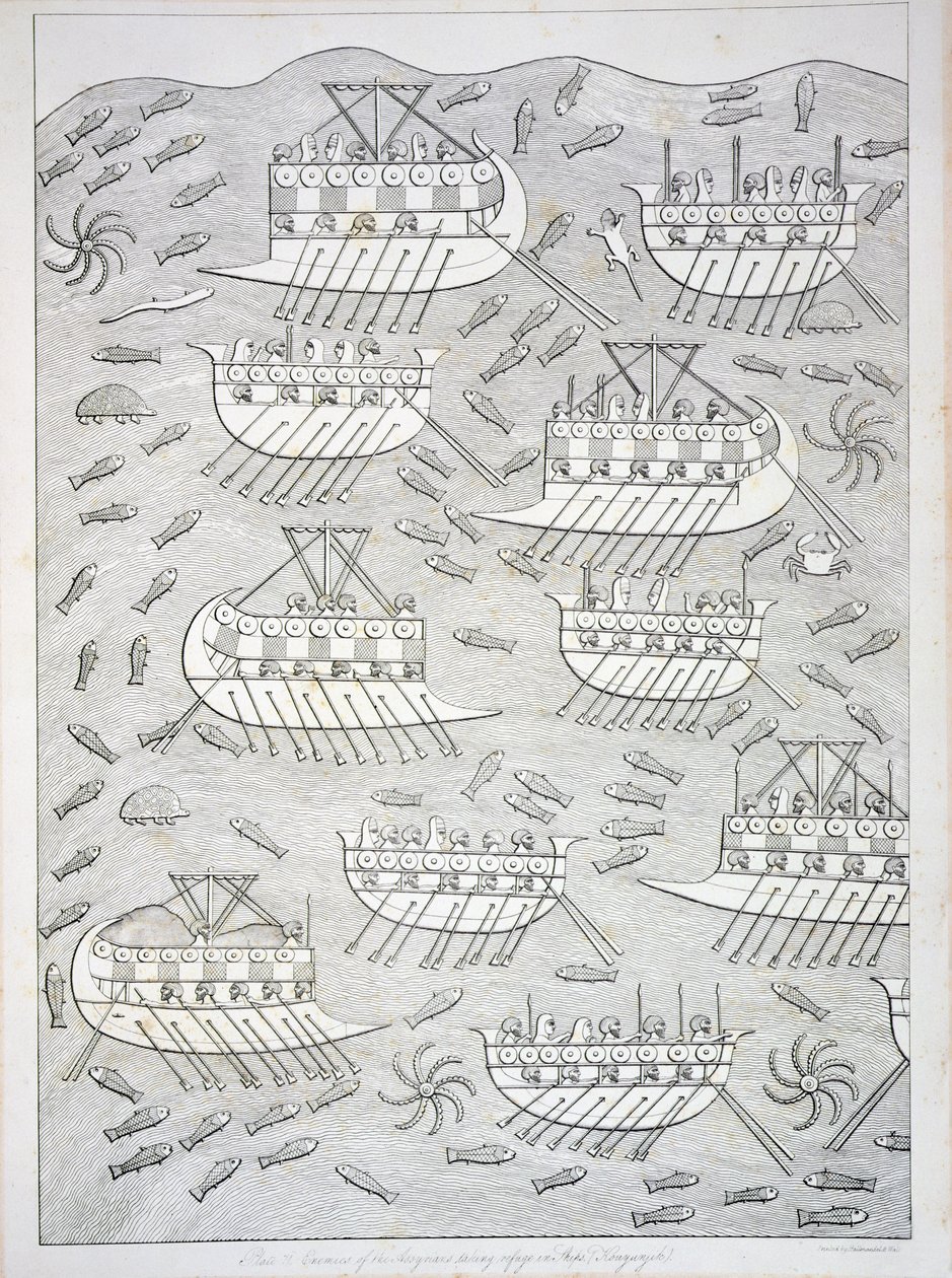أعداء الأشوريين يلجأون إلى السفن ، اللوحة 71 من نينوى وبقاياها أوستن هنري لايارد (1817-1894) نشرت عام 1849 بواسطة مدرسة اللغة الإنجليزية