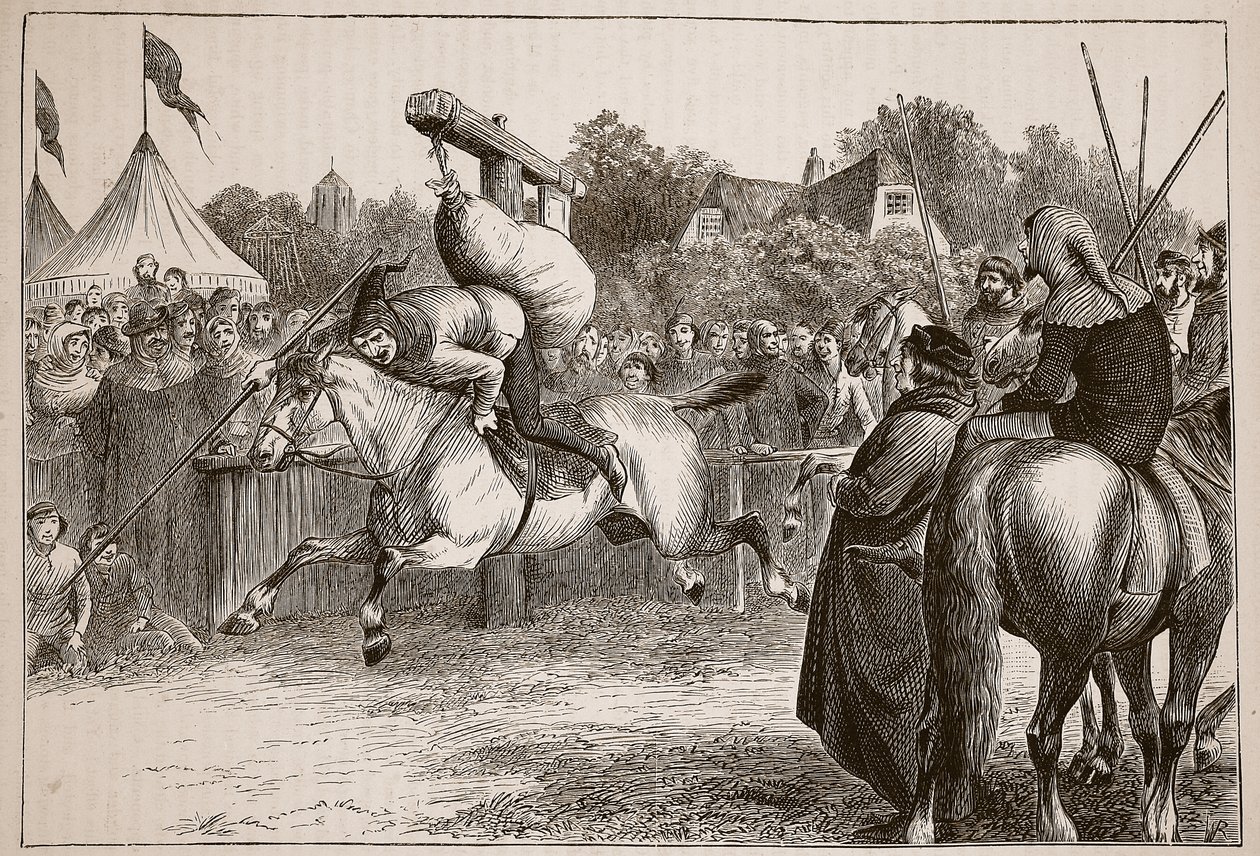 صنع مرح باللغة الإنجليزية في القرن الرابع عشر: إمالة في كوينتين ، رسم توضيحي من Cassells Illustrated History of England (sepia photo) بواسطة مدرسة اللغة الإنجليزية