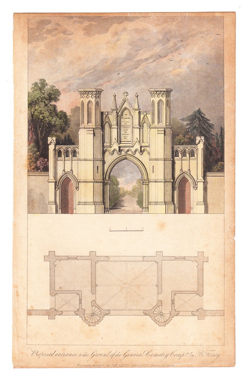 مدخل مقبرة هاي جيت التي نشرتها مجلة السيدة ، حوالي عام 1839. بواسطة مدرسة اللغة الإنجليزية