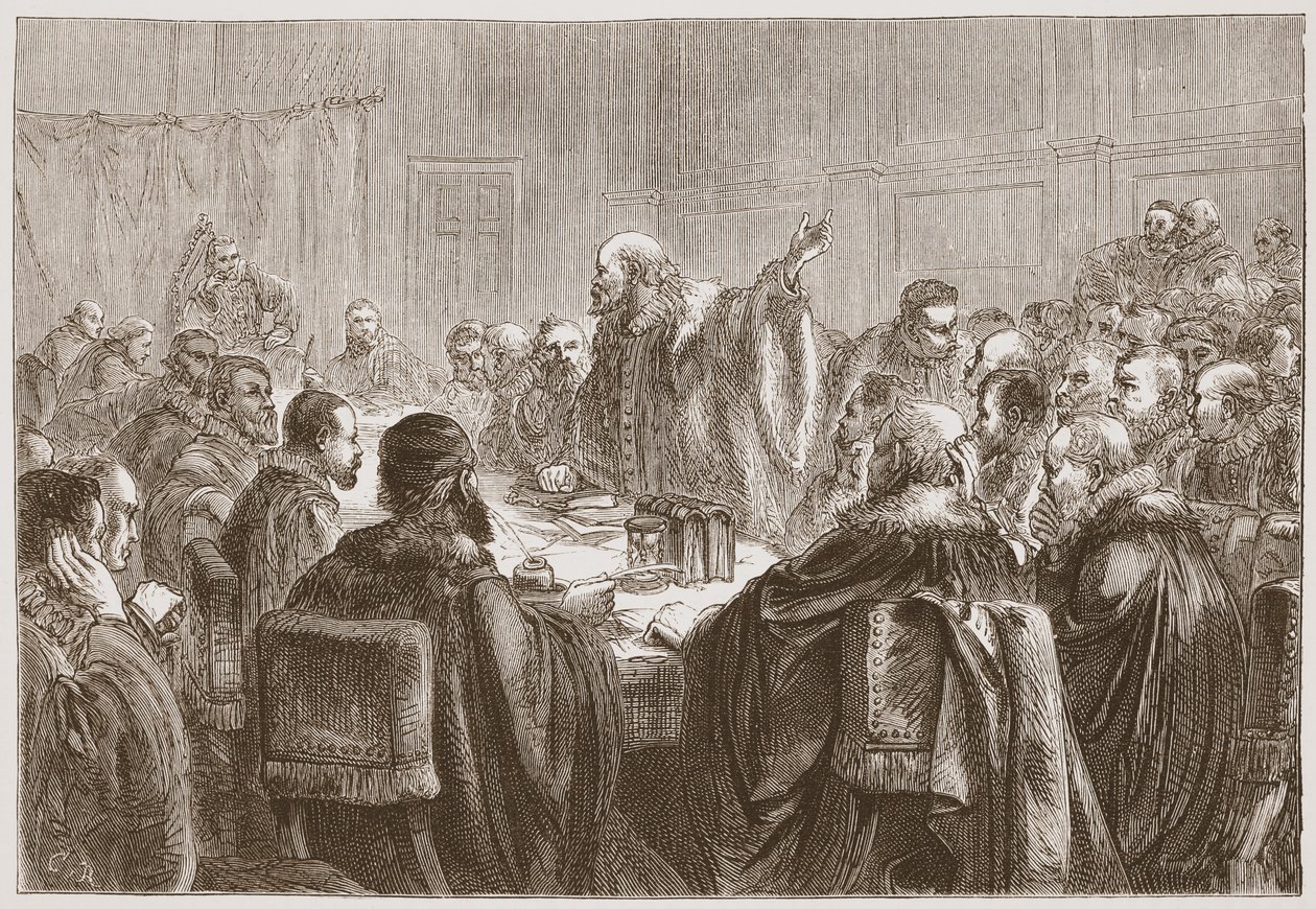 Episcopius يخاطب أعضاء سينودس دورت ، توضيح من تاريخ البروتستانتية بقلم جيمس أيتكين ويلي (1808-1890) ، حانة. 1878 بواسطة مدرسة اللغة الإنجليزية