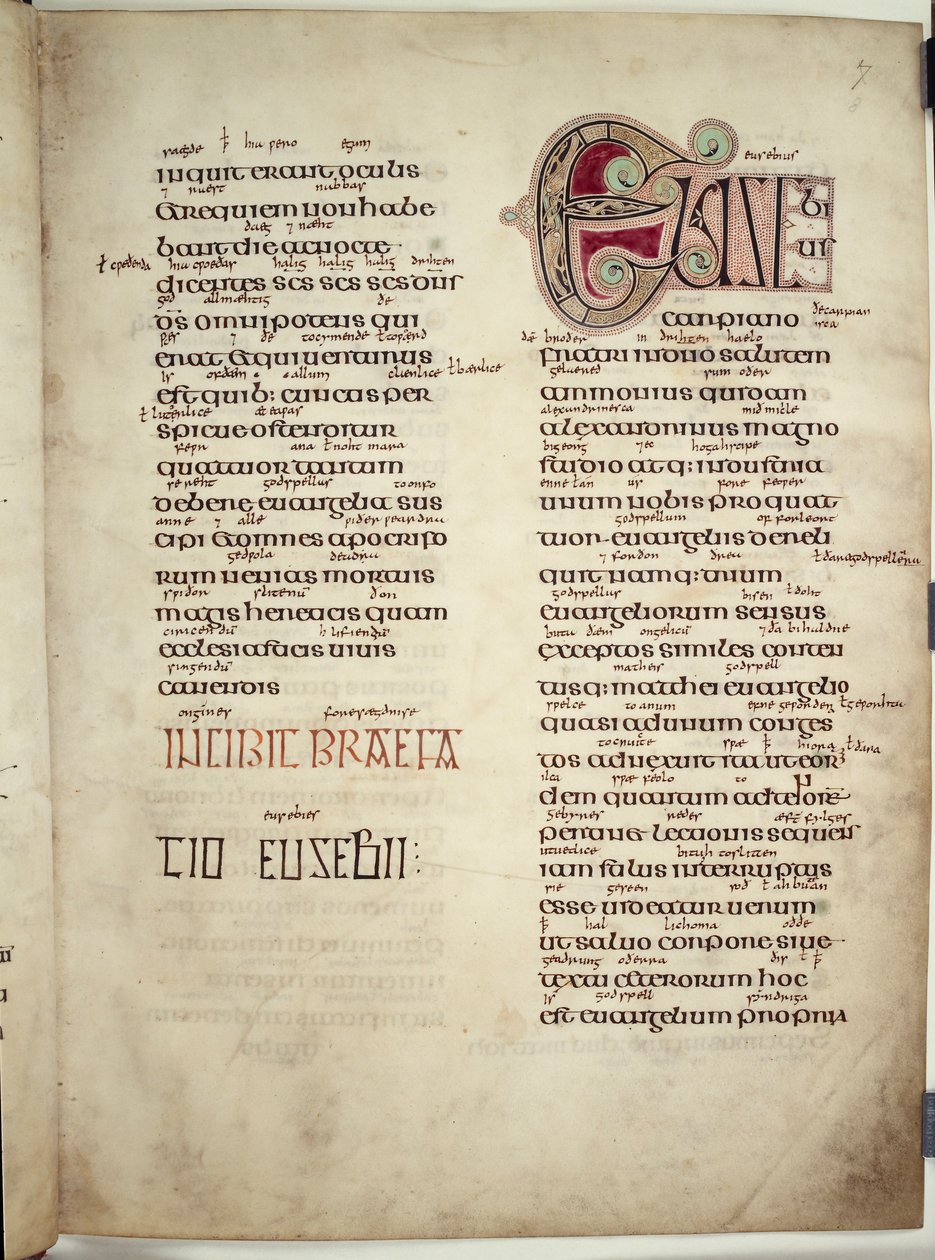 Epistle of Eusabius to Carpianus، from 'Lindisfarne Gospels'، 710-21 (vellum) رسالة بولس الرسول يوسابيوس إلى كاربيانوس ، من 'Lindisfarne الأناجيل' ، 710 - 21 بواسطة مدرسة اللغة الإنجليزية