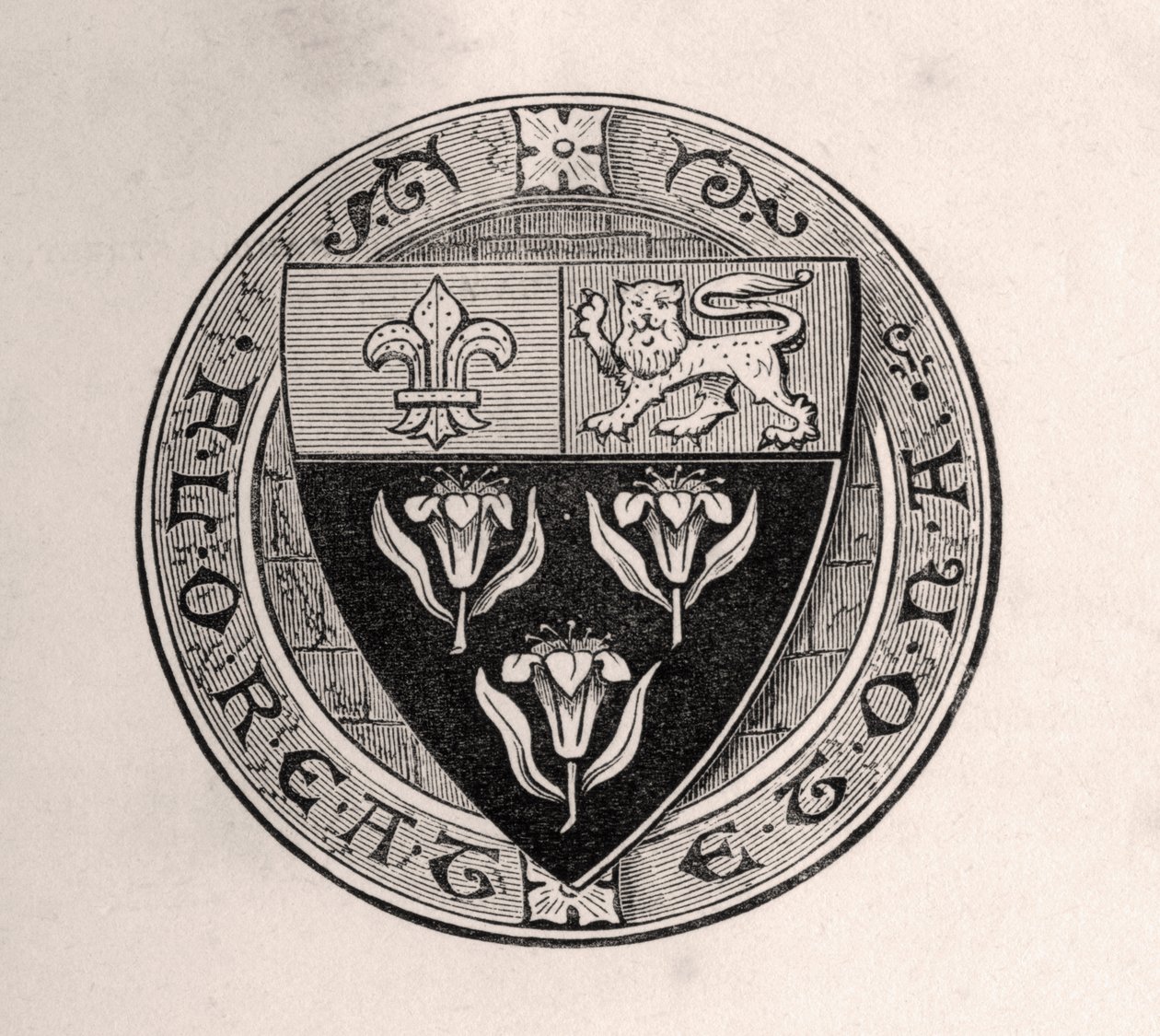 تم وضع درع Eton فوق Roundel مع شعار المدرسة ، التوضيح من Memoirs of Eminentians Etonians ، بقلم السير إدوارد كريسي المنشور لندن 1876 بواسطة مدرسة اللغة الإنجليزية