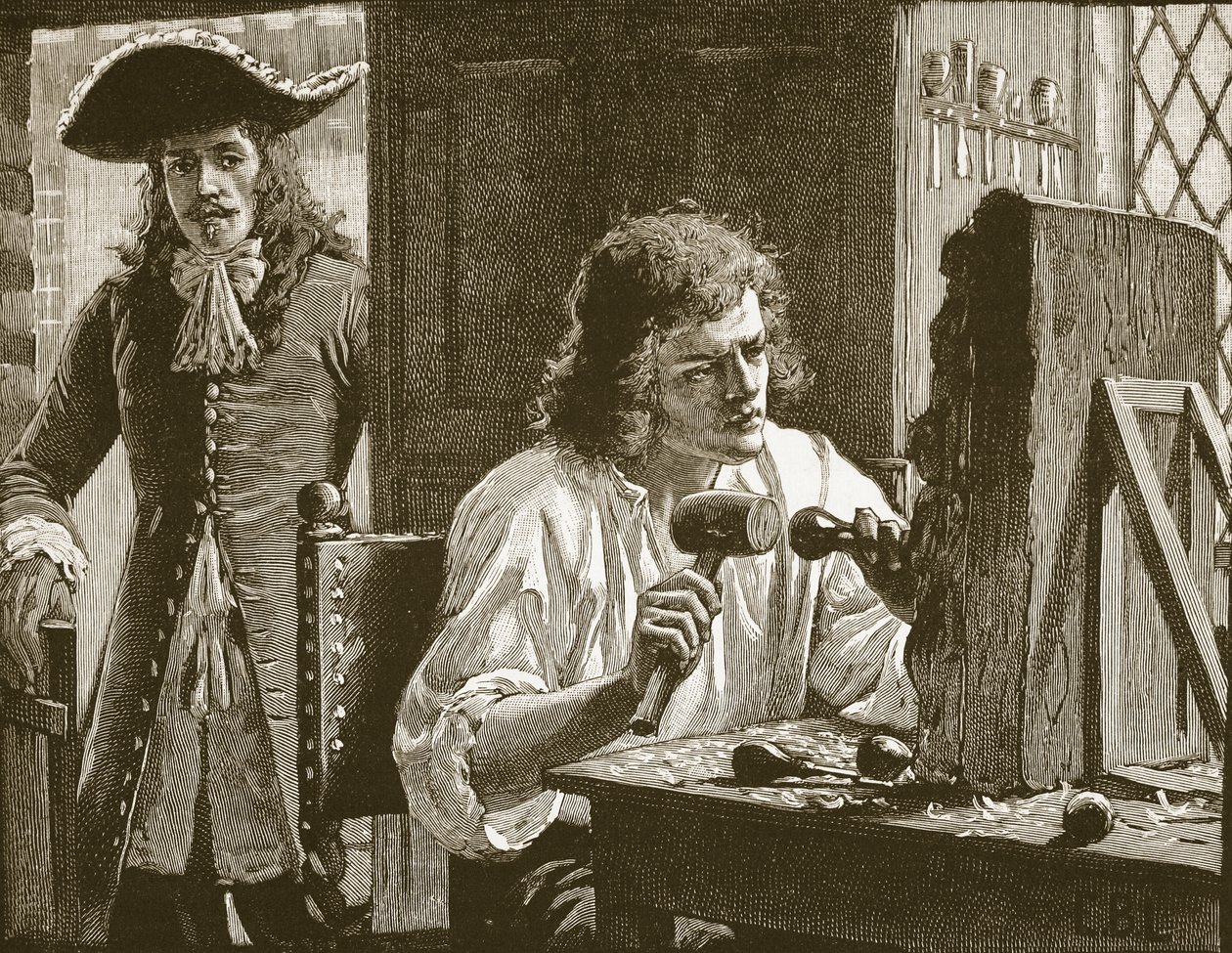 إيفلين تكتشف Grinling Gibbons ، توضيح من Cassells Illustrated History of England (sepia photo) بواسطة مدرسة اللغة الإنجليزية