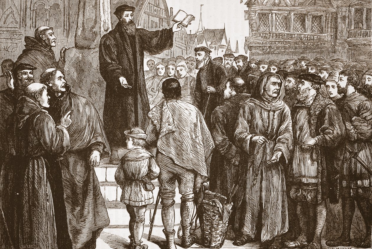 الوعظ فاريل في سوق Neuchatel ، التوضيح من تاريخ البروتستانتية بقلم جيمس أيتكين ويلي (1808-1890) ، حانة. 1878 بواسطة مدرسة اللغة الإنجليزية