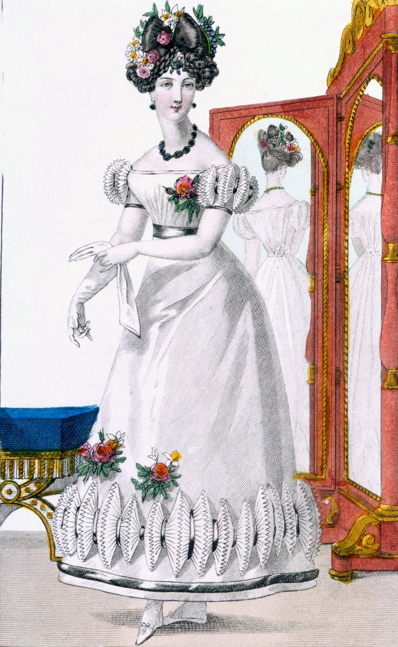 لوحة أزياء لسيدة ترتدي فستان سهرة ، إعلان من "Modes de Paris" ، حوالي عام 1825 (نقش ملون) (تفاصيل 100997) بواسطة مدرسة اللغة الإنجليزية