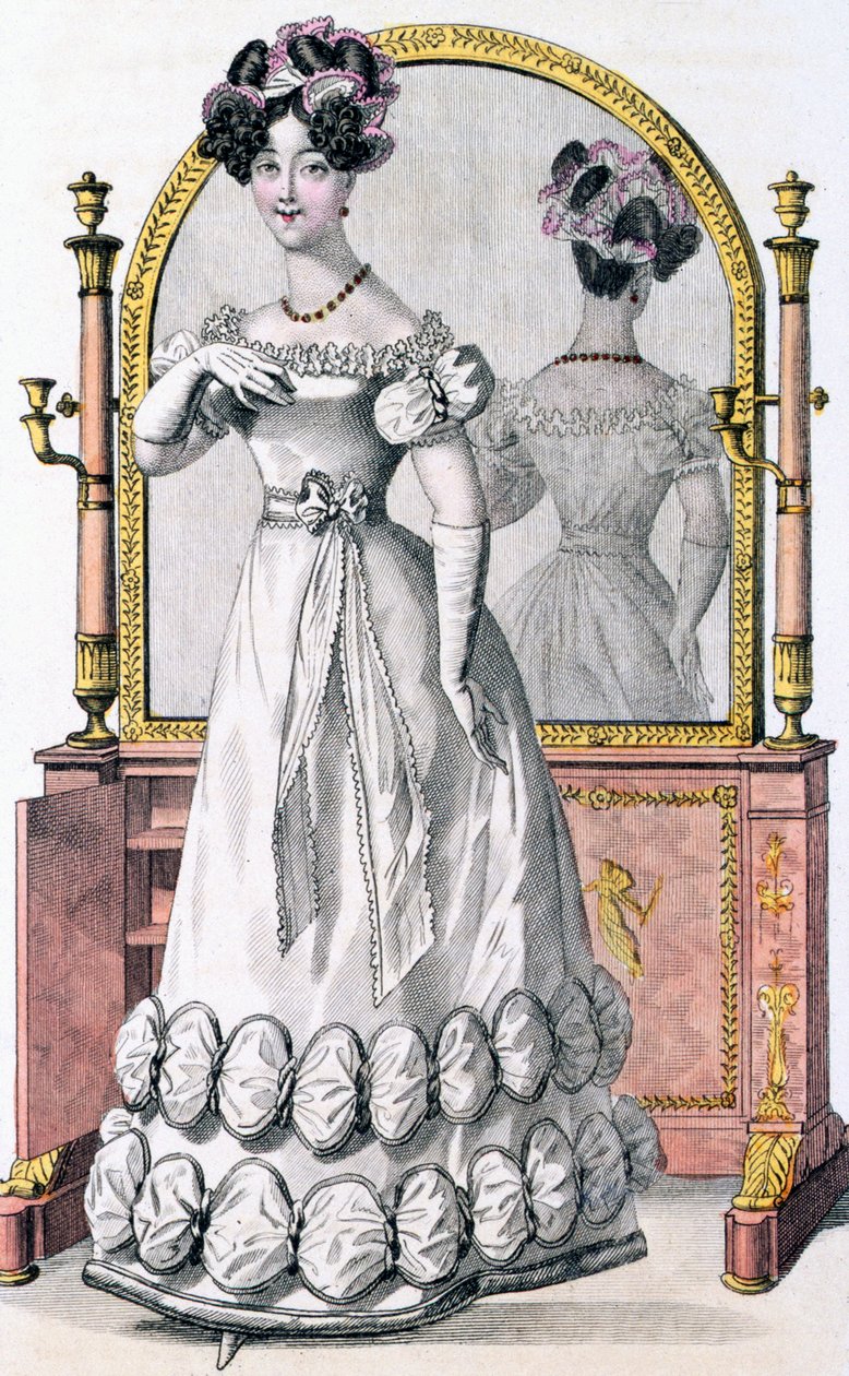 لوحة أزياء لسيدة ترتدي فستان سهرة ، إعلان من "Modes de Paris" ، حوالي عام 1825 (نقش ملون) (تفاصيل 100997) بواسطة مدرسة اللغة الإنجليزية