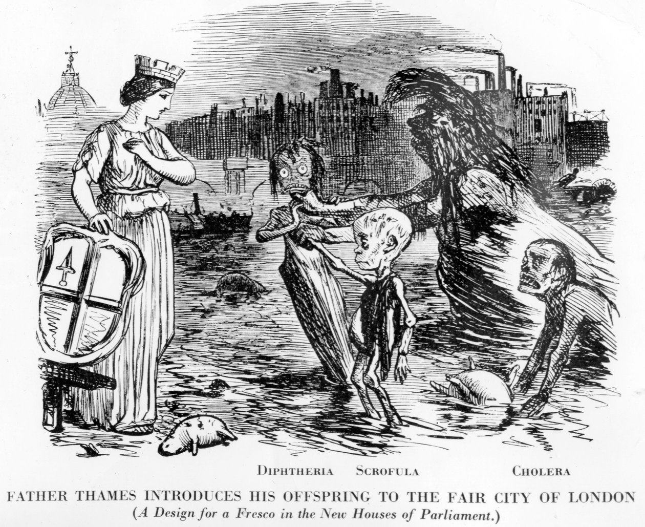الأب التايمز يقدم نسله إلى Fair City of London ، والنسل هو Diptheria ، Scrofula والكوليرا. أكثر من مجاري مفتوحة من نهر ، ولاية التايمز المثيرة للاشمئزاز في لندن. بواسطة مدرسة اللغة الإنجليزية