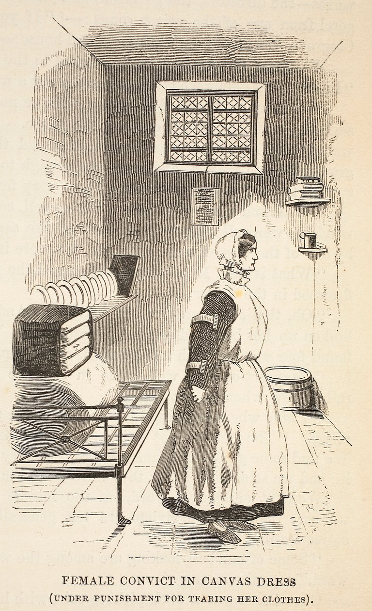 أنثى مُدانة في ثوب قماش (تحت عقوبة تمزيق ملابسها) ، صورة توضيحية من السجون الجنائية في لندن ومشاهد من حياة السجن بقلم هنري مايهو وجون بيني ، حانة. 1862 (engra بواسطة مدرسة اللغة الإنجليزية