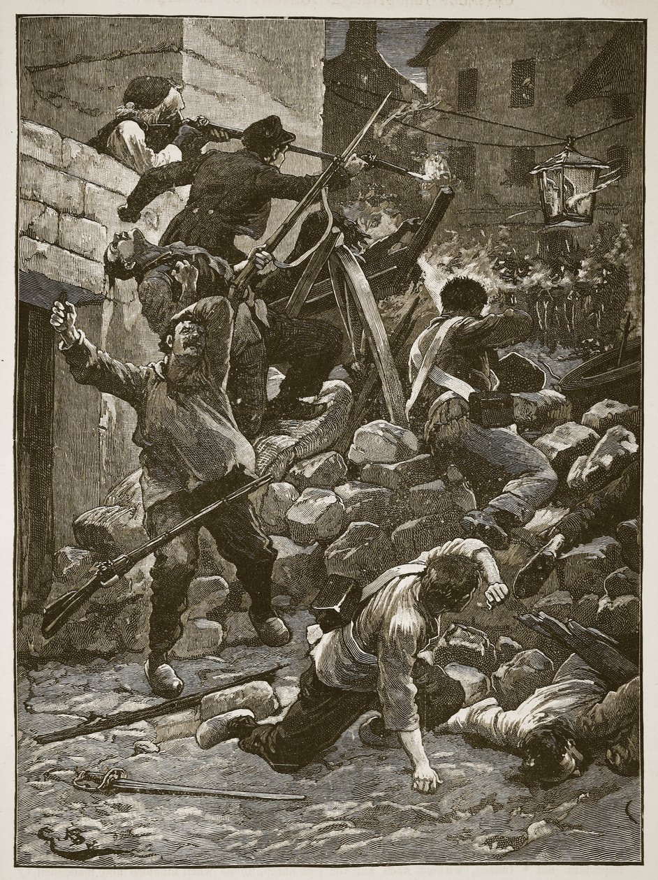 القتال في المتاريس في باريس ، رسم توضيحي من Cassells Illustrated History of England (sepia photo) بواسطة مدرسة اللغة الإنجليزية
