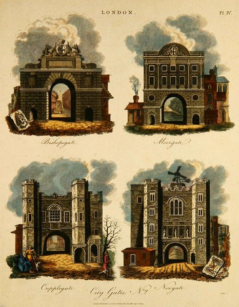 أربع بوابات للمدينة: Bishopsgate ، Moorgate ، Cripplegate و Newgate ، نقش بواسطة J. Pass ، pub. بواسطة جي جونز بواسطة مدرسة اللغة الإنجليزية