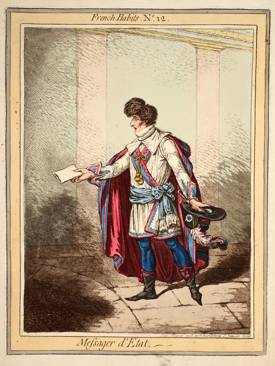 العادات الفرنسية رقم 12 ، Messager d'Etat ، حانة بواسطة H. Humphreys 21 مايو 1798 (نقش ملون يدويًا) بواسطة مدرسة اللغة الإنجليزية