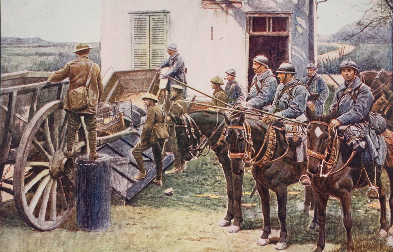 وصول لانسر الفرنسيين إلى موقع استيطاني في القرية ، قادمًا بمساعدة القوات البريطانية ، 1914-1919 بواسطة مدرسة اللغة الإنجليزية