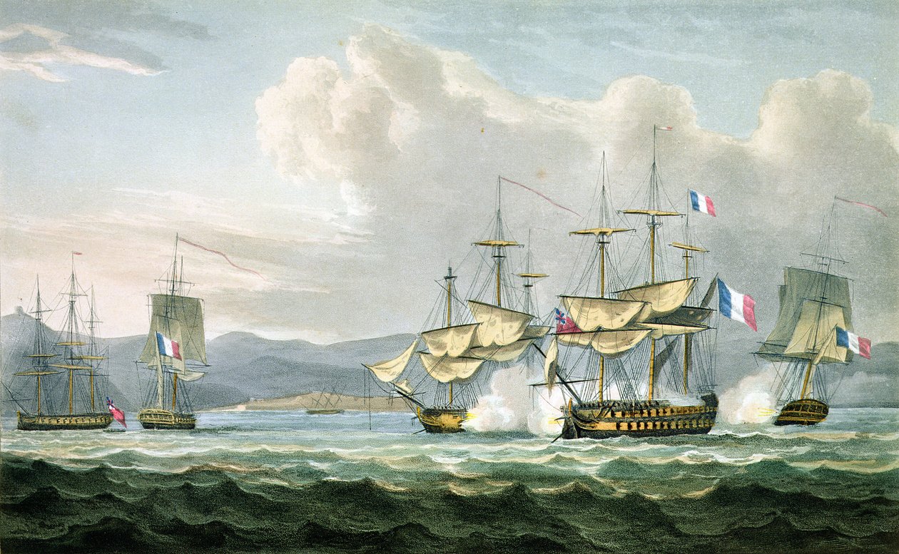 عمل الفرقاطة في طرق Vizagapatam ، قبالة الهند ، 18 سبتمبر 1804 ، نقشها T. Sutherland لـ The Naval Chronology of Great Britain بواسطة J. Ralfe ، تم نشره عام 1820 بواسطة مدرسة اللغة الإنجليزية