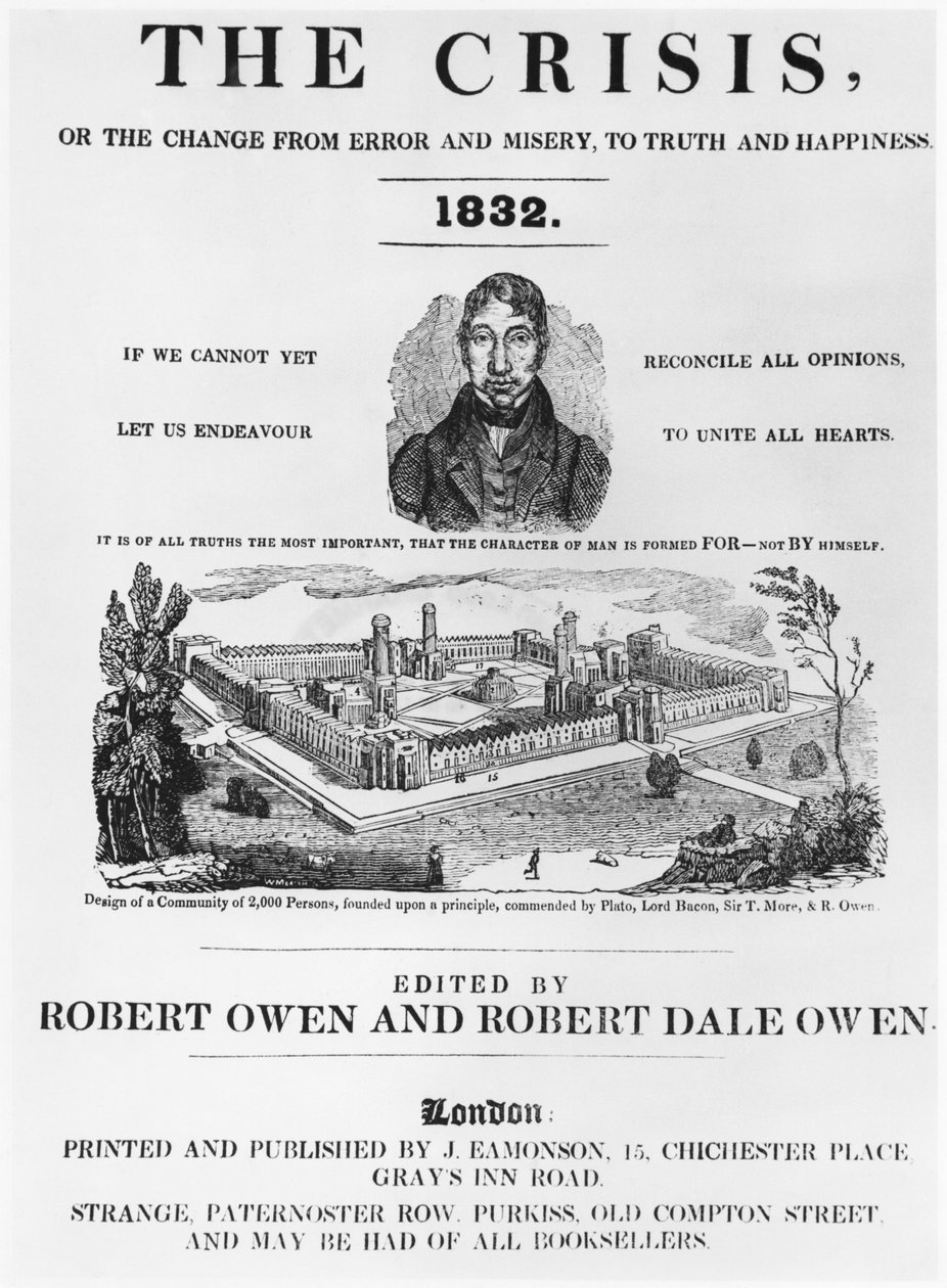 الغلاف الأمامي للأزمة ، حرره روبرت أوين (1771-1858) وروبرت ديل أوين (1801-77) لندن ، 1832 بواسطة مدرسة اللغة الإنجليزية