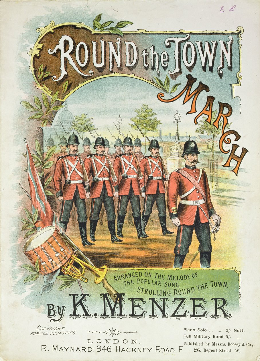 الغلاف الأمامي لموسيقى الموسيقي لـ Round the Town March ، من تأليف K. Menzer بواسطة مدرسة اللغة الإنجليزية