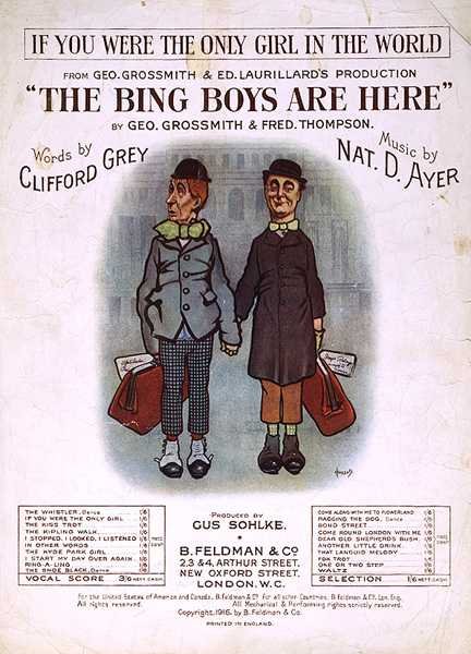 الغلاف الأمامي للنوتة الموسيقية لـ "The Bing Boys are Here" ، بقلم جيو غروسميث وفريد طومسون ، كلمات لكليفورد جراي ، موسيقى نات دي آير (لون ليثو) بواسطة مدرسة اللغة الإنجليزية