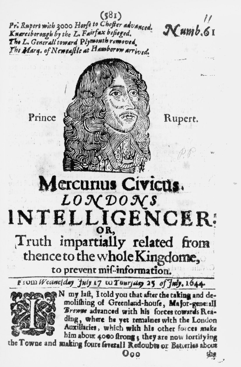 الصفحة الأولى من Mercurius Civicus ، نشرت في 1644 بواسطة مدرسة اللغة الإنجليزية