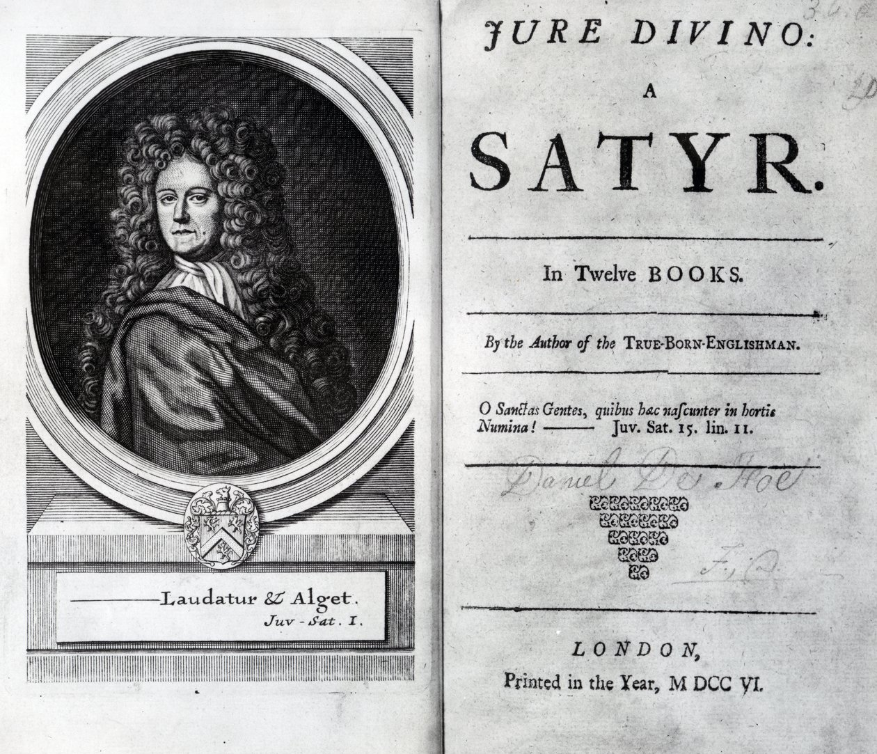 واجهة الصفحة وصفحة العنوان لـ Jure Divino: A Satyr بواسطة Daniel Defoe ، تم نشره عام 1706 بواسطة مدرسة اللغة الإنجليزية