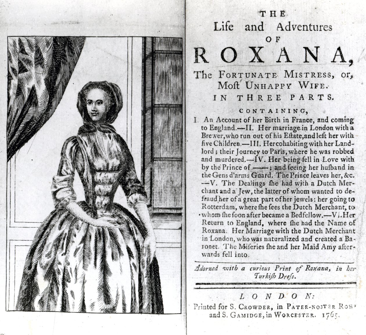 الصفحة الأمامية وصفحة العنوان لـ The Life and Adventures of Roxana by Daniel Defoe ، نُشر عام 1765 بواسطة مدرسة اللغة الإنجليزية