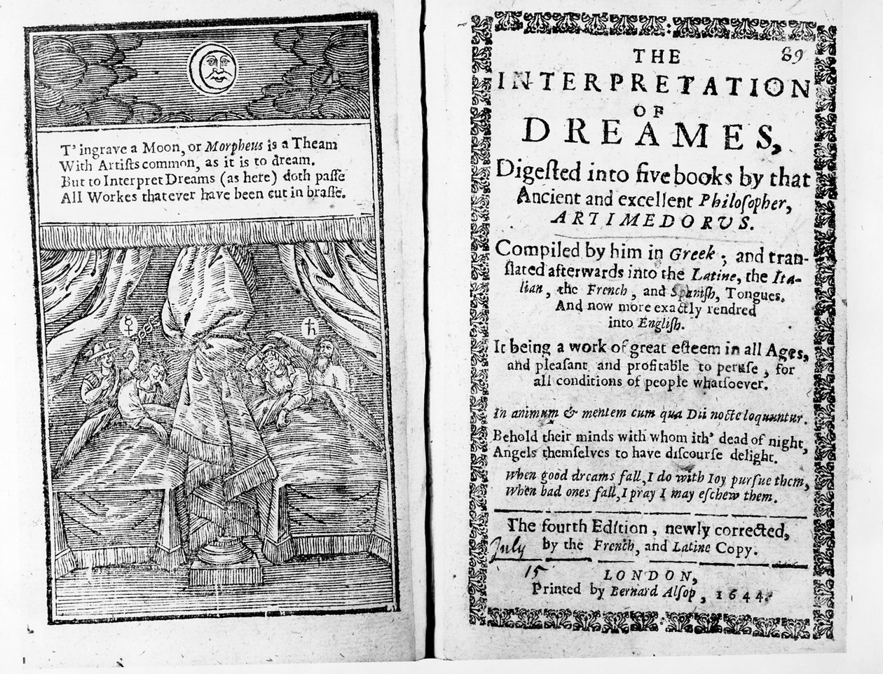 واجهة الصفحة وصفحة عنوان تفسير الأحلام بواسطة Artemidorus ، الطبعة الإنجليزية المنشورة في 1644 بواسطة مدرسة اللغة الإنجليزية