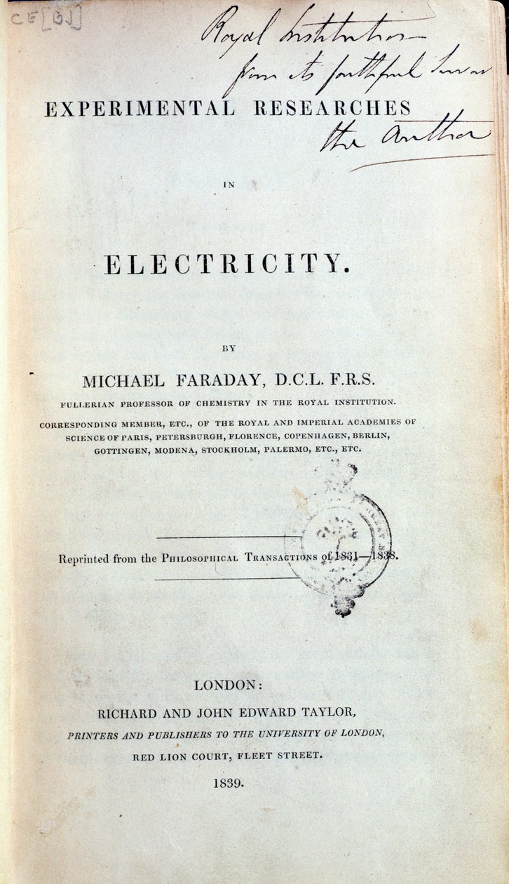 نُشرت في واجهة الأبحاث التجريبية في الكهرباء بقلم مايكل فاراداي (1791-1867) عام 1839 بواسطة مدرسة اللغة الإنجليزية