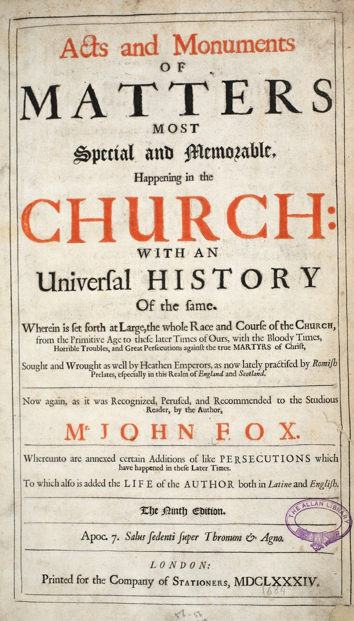 Frontispiece ، من Acts and Monuments by John Foxe ، الطبعة التاسعة ، حانة. 1684 بواسطة مدرسة اللغة الإنجليزية